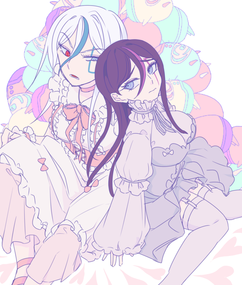 201_(yield), 2girls, annoyed, blue_hair, blue_streaks, breasts, dress, eva_(hundred_line), facial_mark, frilled_dress, frills, heterochromia, highres, multicolored_hair, multiple_girls, nervous, pastel_colors, pink_hair, pink_streaks, purple_eyes, purple_hair, red_eyes, siblings, sisters, the_hundred_line_-last_defense_academy-, thighhighs, v'ehxness, white_hair