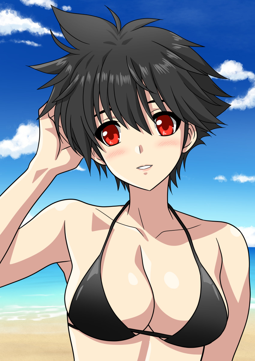 1girl, absurdres, beach, bikini, black_bikini, black_hair, blue_sky, breasts