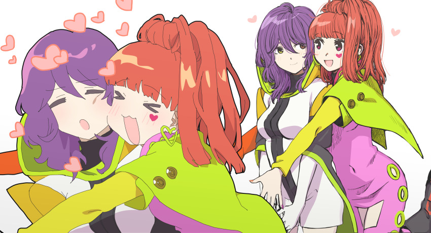 2girls, absurdres, closed_mouth, gina_(gnosia), gloves, gnosia, hair_between_eyes, heterochromia, highres, hood, hoodie, hug, long_hair, long_sleeves, looking_at_viewer, multiple_girls, purple_hair, sabiiiii, simple_background, smile, sq_(gnosia), upper_body, wavy_hair