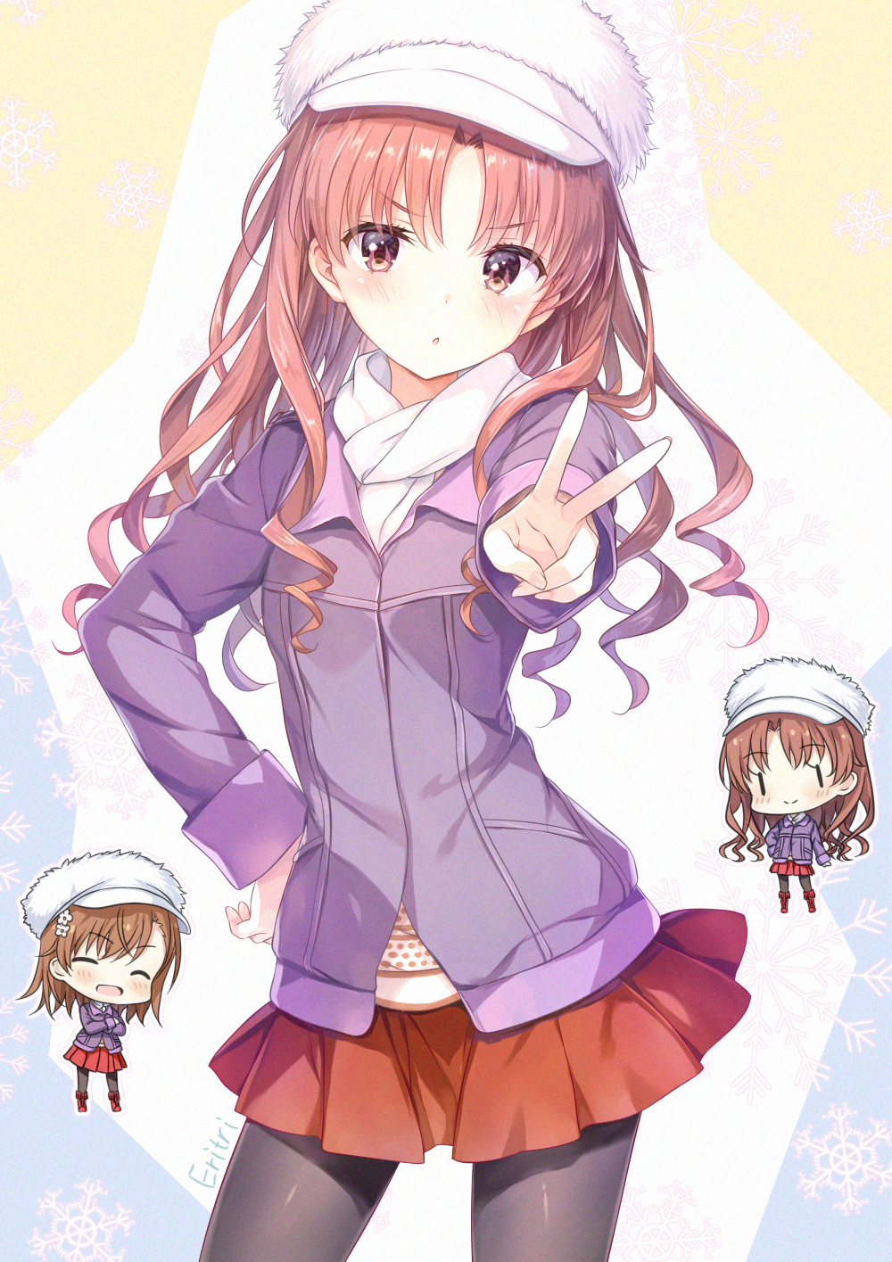 2girls, :d, black_pantyhose, brown_eyes, brown_hair, chibi, chibi_inset, eritri, hair_down, hair_ornament, hairpin, hand_on_own_hip, hat, highres, jacket, long_hair, looking_at_viewer, medium_hair, miniskirt, misaka_mikoto, multiple_girls, open_mouth, pantyhose, purple_jacket, red_skirt, scarf, shirai_kuroko, simple_background, skirt, smile, toaru_kagaku_no_railgun, toaru_majutsu_no_index, v, white_hat, white_scarf