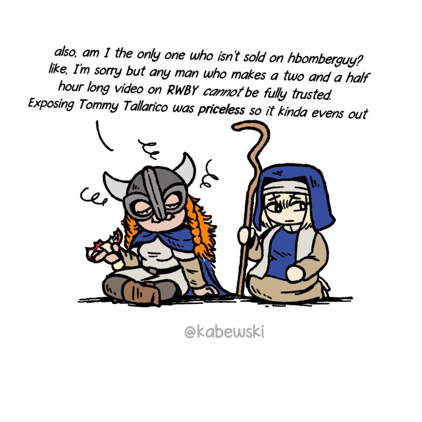 2girls, age_of_empires_(series), age_of_empires_ii, artist_name, berserker_(age_of_empires_ii), blonde_hair, commentary, eating, english_commentary, english_text, fake_horns, grey_pants, hair_between_eyes, helmet, highres, holding, holding_mushroom, holding_staff, horned_helmet, horns, kabewski, layered_sleeves, long_hair, long_sleeves, monk_(age_of_empires_ii), multiple_girls, mushroom, orange_hair, pants, shirt, short_hair, short_over_long_sleeves, short_sleeves, simple_background, sitting, staff, twitter_username, white_background, white_shirt
