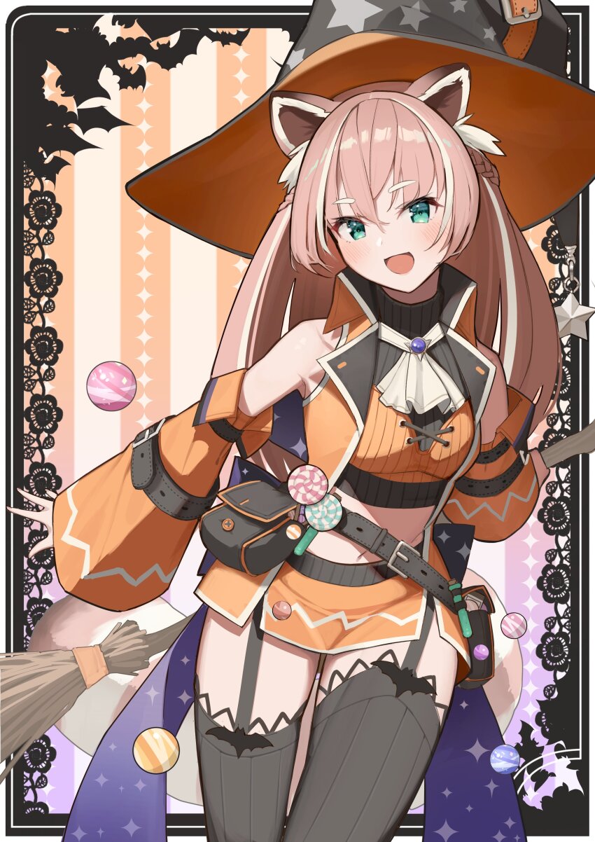 1girl, absurdres, alternate_costume, animal_ear_fluff, animal_ears, bare_shoulders, black_thighhighs, breasts, broom, commission, cosplay, fire_emblem, fire_emblem_heroes, green_eyes, hair_between_eyes, halloween, halloween_costume, hat, highres, indie_virtual_youtuber, long_hair, long_sleeves, looking_at_viewer, medium_breasts, mia_(fire_emblem), mia_(fire_emblem)_(cosplay), mia_(halloween)_(fire_emblem), miniskirt, navel, nintendo, open_mouth, red_panda_ears, red_panda_girl, red_panda_tail, sachet, second-party_source, skirt, small_breasts, smile, solo, stomach, thigh_strap, thighhighs, thighs, virtual_youtuber, witch, witch_hat, yohia, yuria_of_ailurus