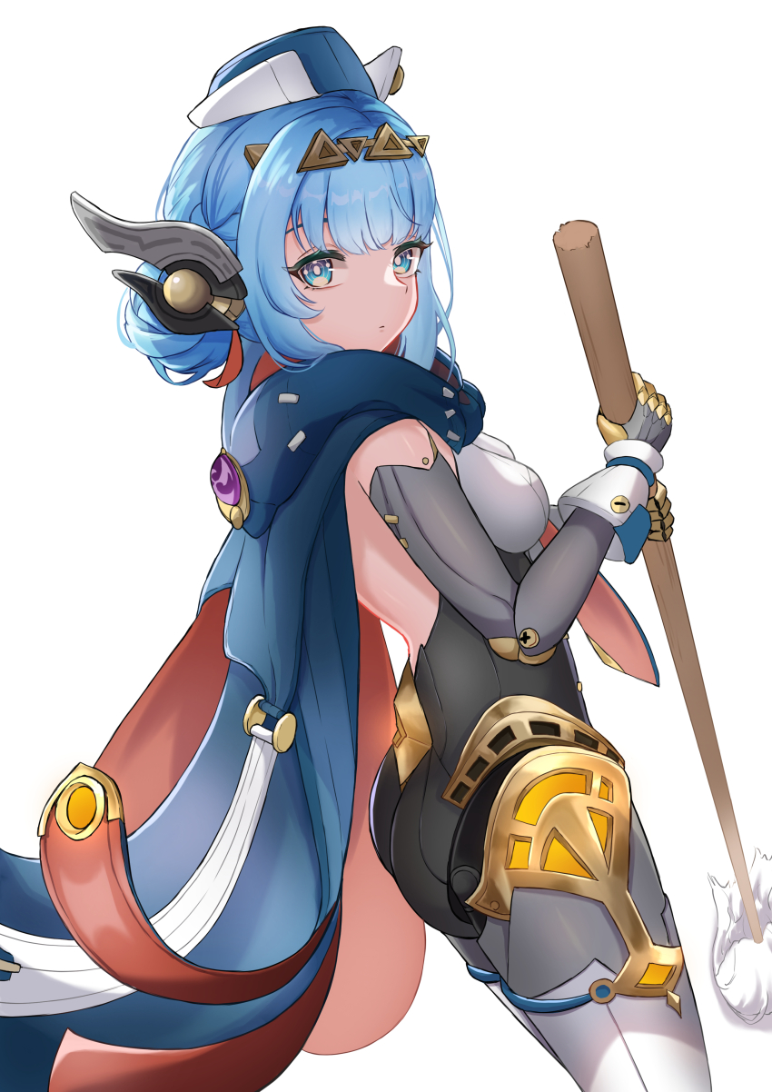 1girl, absurdres, android, blue_cape, blue_eyes, blue_hair, breasts, cape, cowboy_shot, from_side, genshin_impact, hair_bun, hat, highres, holding, holding_mop, ineffa_(genshin_impact), joints, looking_at_viewer, looking_back, mako_(cvyt5325), medium_breasts, mop, red_cape, robot_ears, robot_joints, simple_background, solo, two-sided_cape, two-sided_fabric, vision_(genshin_impact), white_background
