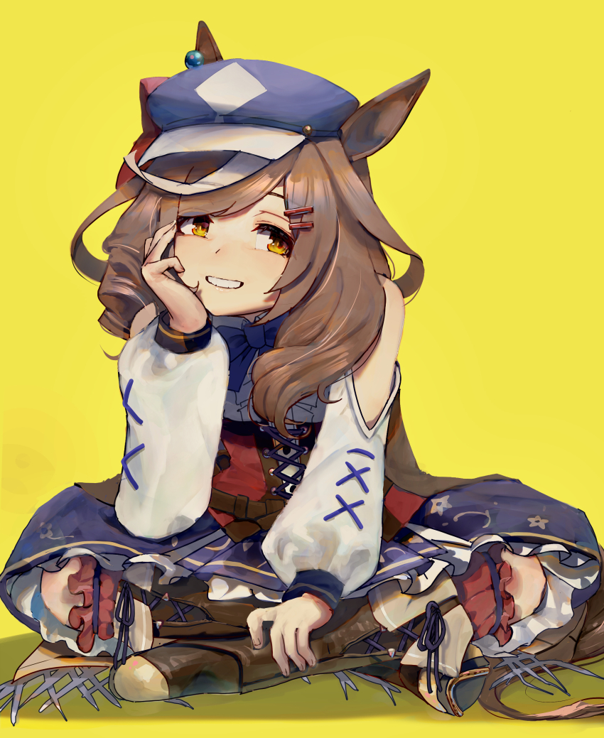 1girl, absurdres, animal_ears, blue_hat, blue_skirt, center_frills, clothing_cutout, commentary_request