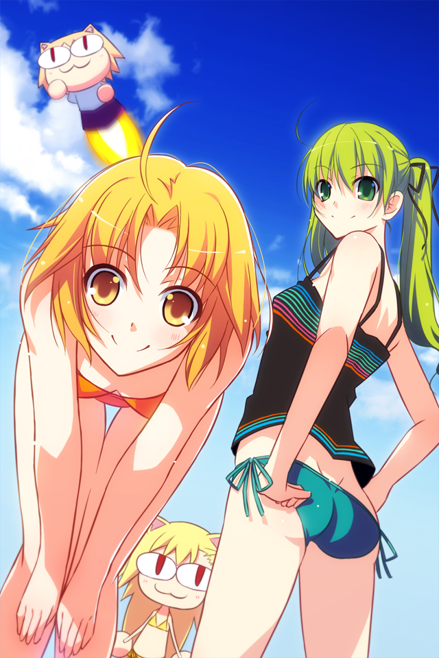 00s, aotsuki_takao, bikini, green_eyes, green_hair, hibino_hibiki, katsuragi_chikagi, looking_at_viewer