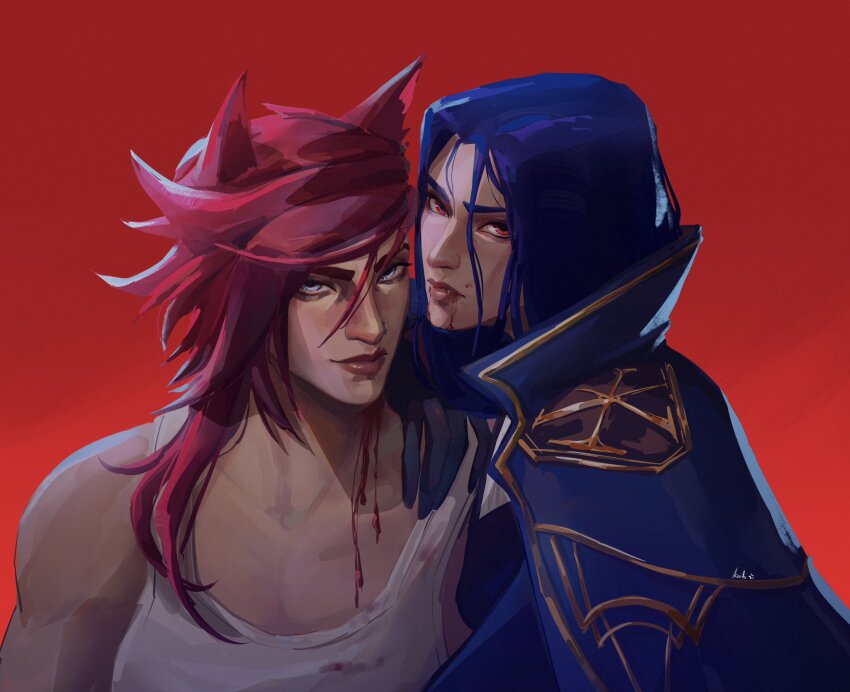 2girls, animal_ears, arcane:_league_of_legends, arcane_caitlyn, arcane_vi, artist_name, black_gloves, blood