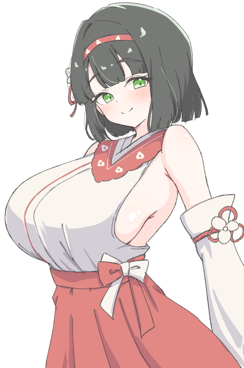 1girl, alternate_breast_size_(larger), bare_shoulders, black_hair, blunt_bangs, blunt_ends, bob_cut, breasts, closed_mouth, commentary, cowboy_shot, detached_sleeves, green_eyes, hakama, hakama_skirt, hasunosora_fantasy, headband, highres, huge_breasts, japanese_clothes, link!_like!_love_live!, looking_at_viewer, love_live!, momose_ginko, nontraditional_miko, official_alternate_costume, red_hakama, red_headband, red_skirt, rokoroko_65, short_hair, sideboob, skirt, smile, solo, virtual_youtuber