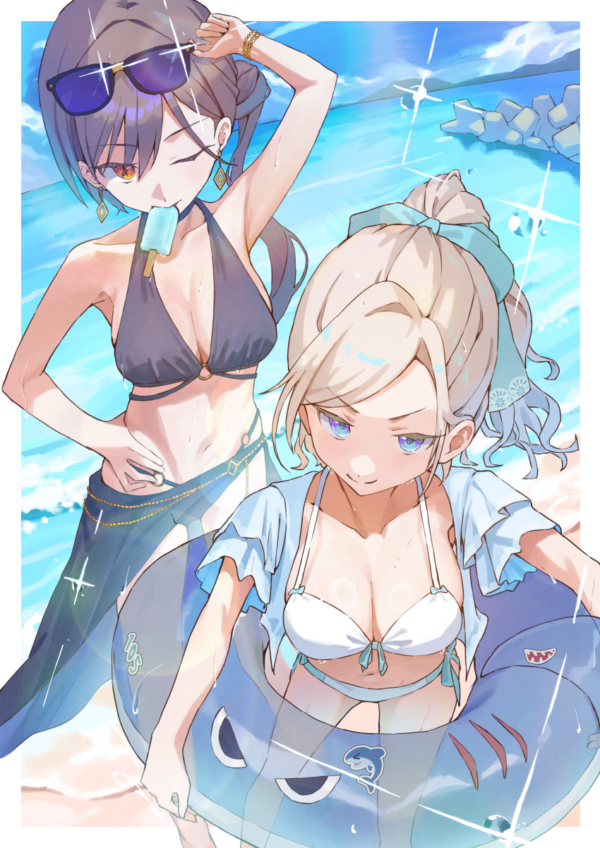 >:), 2girls, absurdres, armpits, bare_shoulders, beach, bikini, black_hair