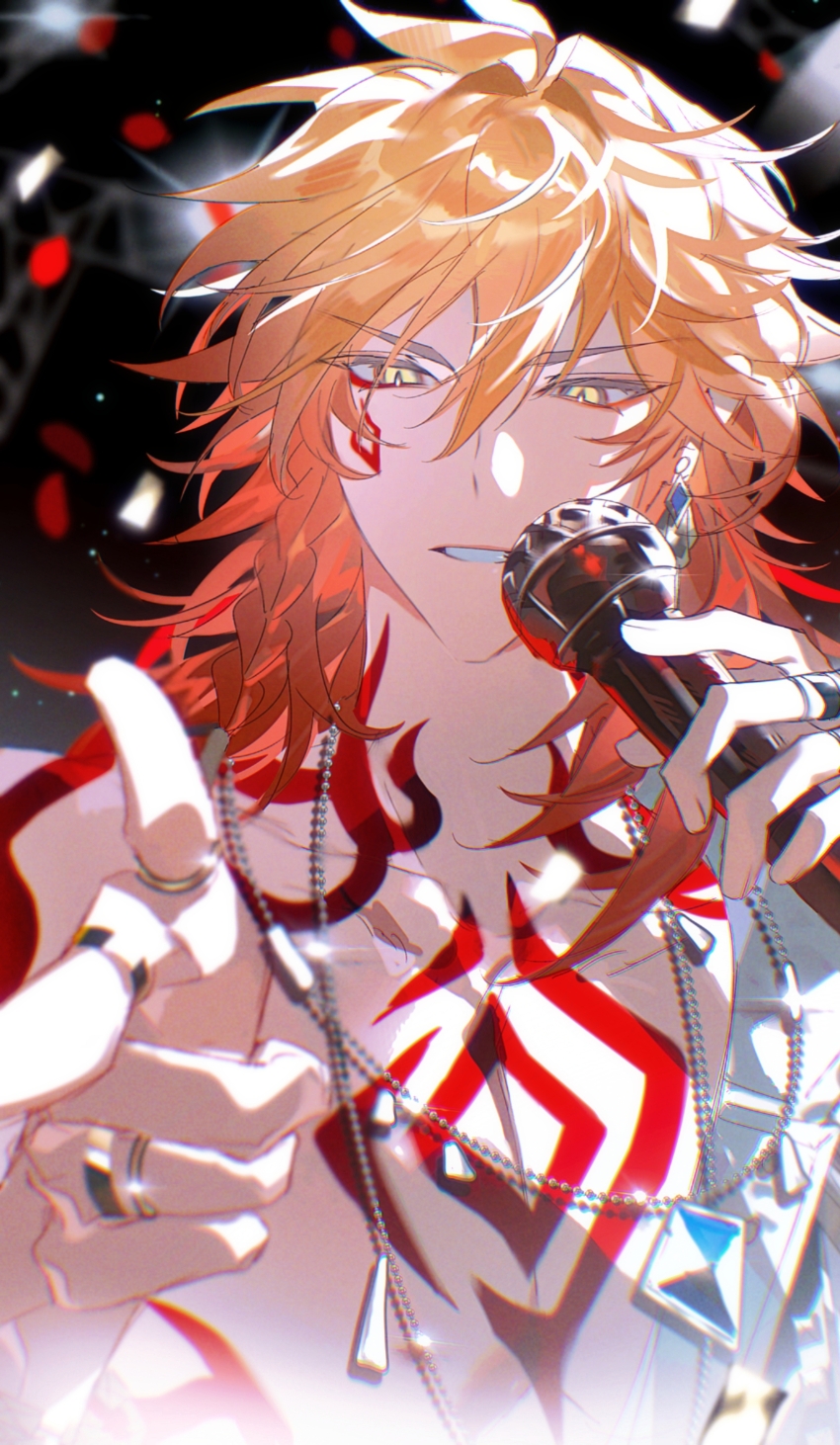 1boy, absurdres, arm_tattoo, backlighting, blonde_hair, braid, ceiling_light, chest_tattoo