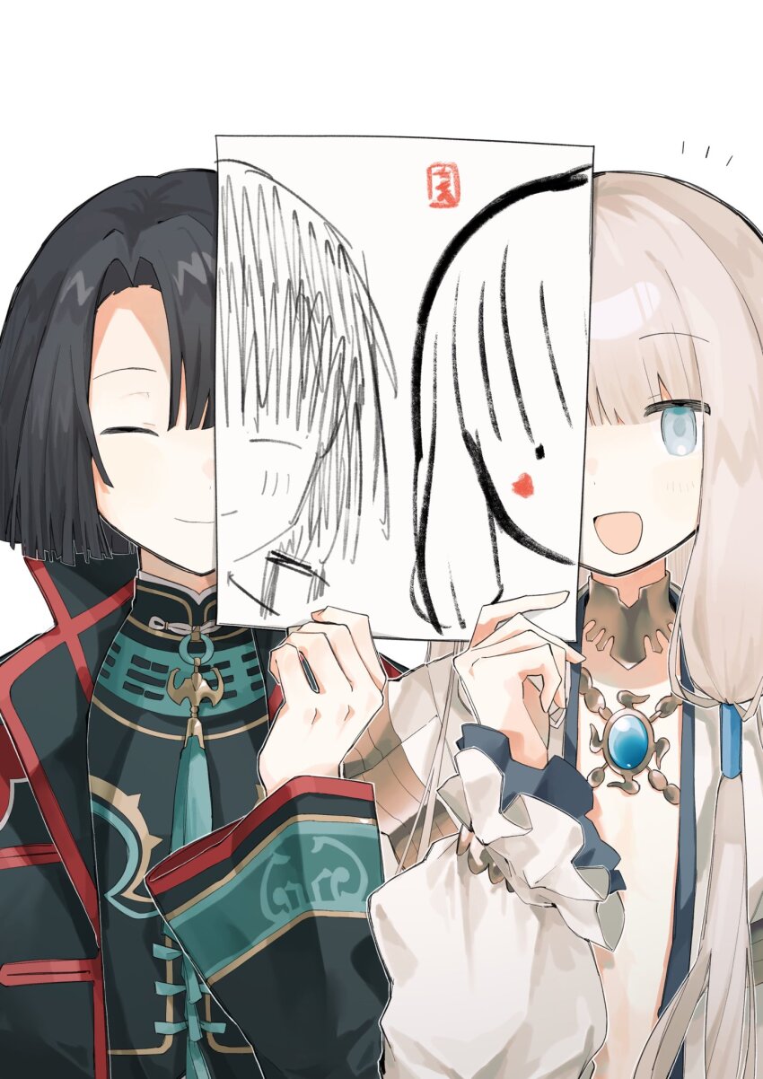 2boys, black_hair, blonde_hair, blue_eyes, chinese_clothes, closed_eyes, drawing_(object), fate/grand_order