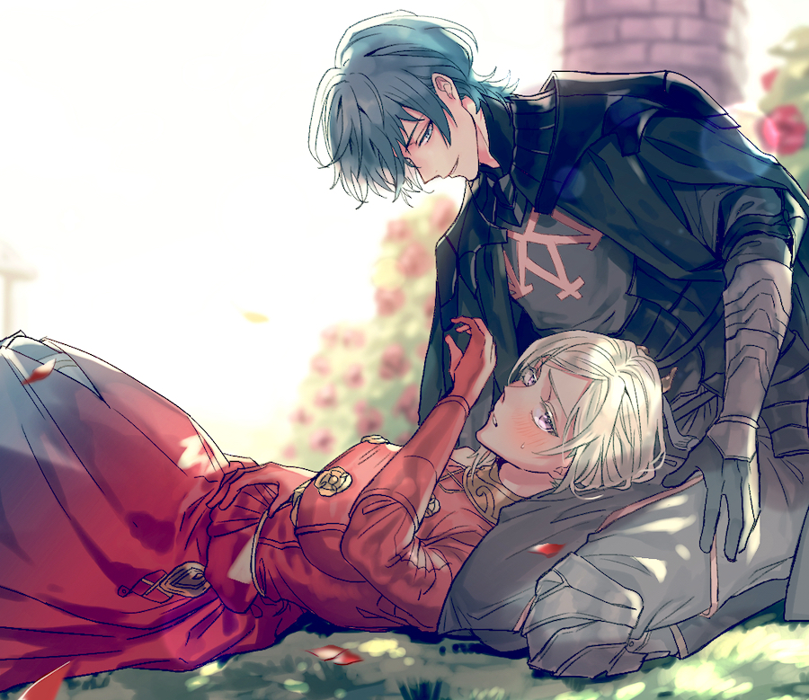 1boy, 1girl, 5_(femfamme), armored_gloves, black_cape, black_gloves, blue_eyes, blue_hair