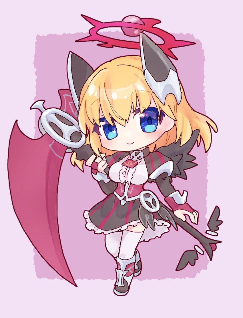 black_boots, black_dress, black_wings, blonde_hair, blue_eyes, boots, brown_choker, chibi