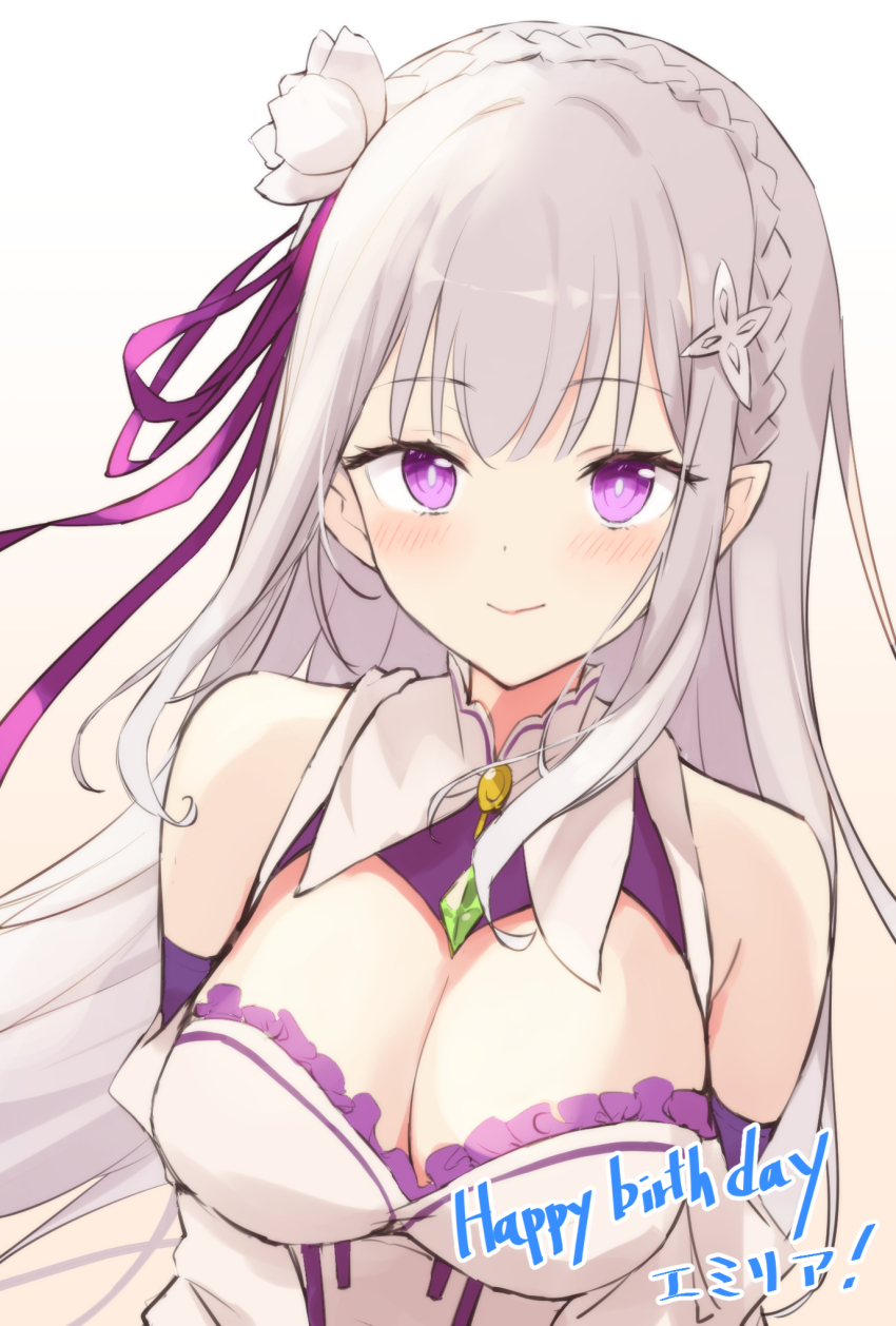1girl, bare_shoulders, breasts, cleavage, commentary_request, dress, elf, emilia_(re:zero)