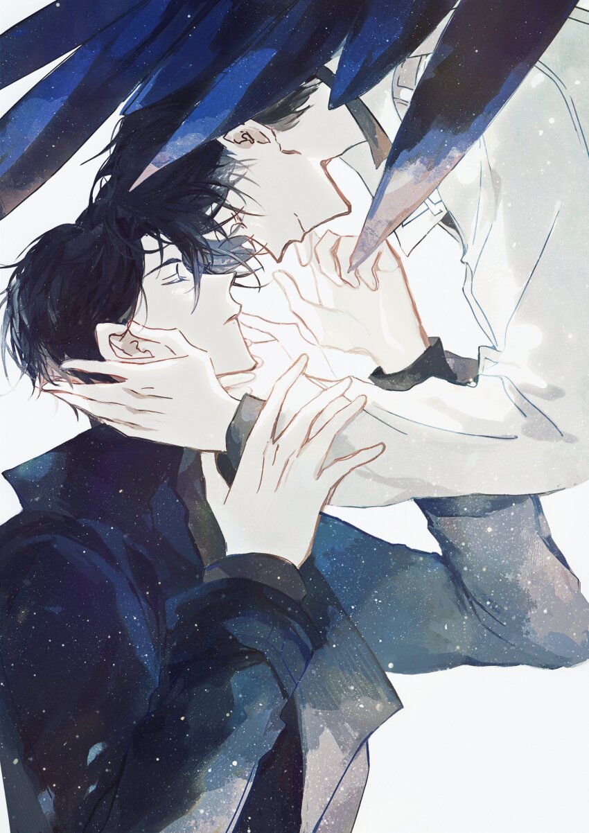 2boys, absurdres, black_coat, black_hair, black_wings, breathing742105, closed_eyes, coat, feathered_wings, floating, hand_on_another's_face, heads_together, highres, holding_another's_wrist, kim_dokja, male_focus, multiple_boys, official_alternate_costume, omniscient_reader's_viewpoint, open_clothes, open_coat, popped_collar, short_hair, smile, starry_sky_print, white_coat, wings, yaoi, yoo_joonghyuk