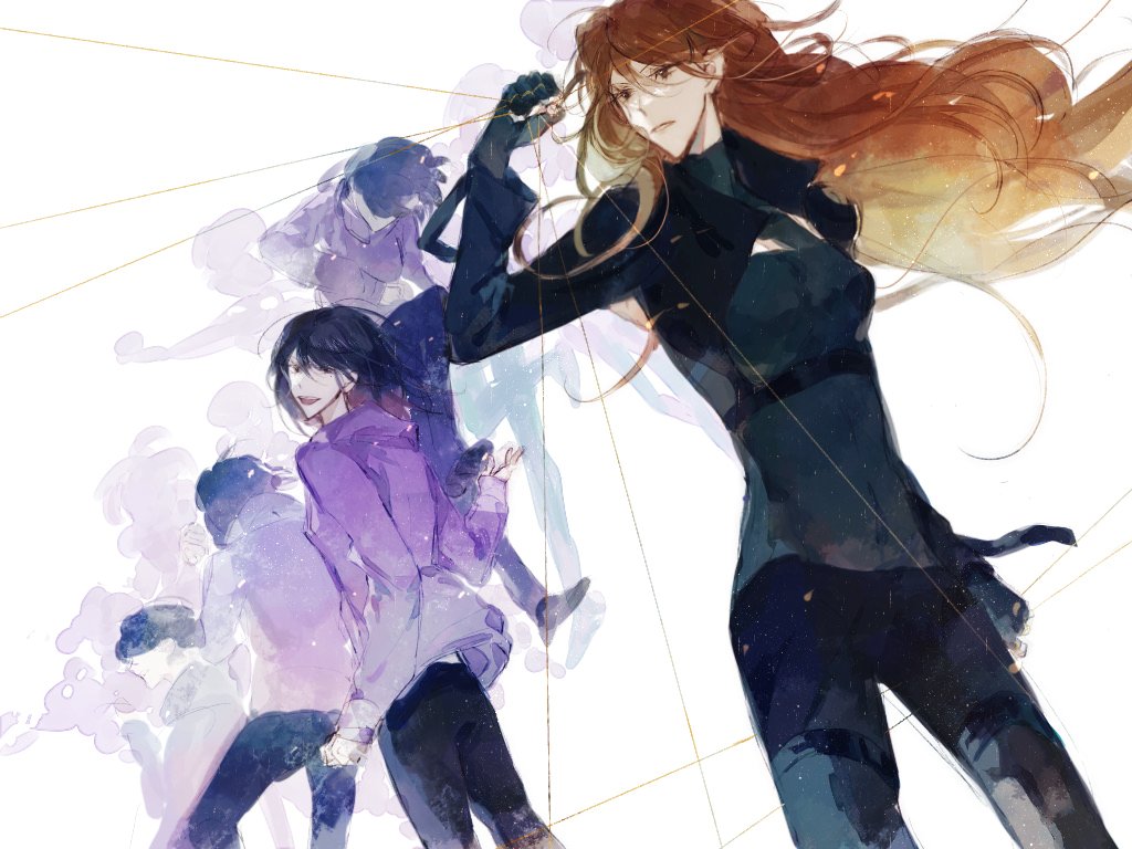 2girls, :d, above-cleavage_cutout, afterimage, black_bodysuit, black_gloves, black_hair, bodysuit