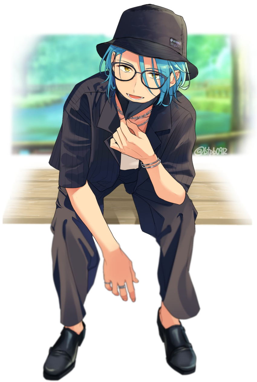 1boy, :d, artist_name, bespectacled, bishounen, black-framed_eyewear, black_cardigan, black_hat
