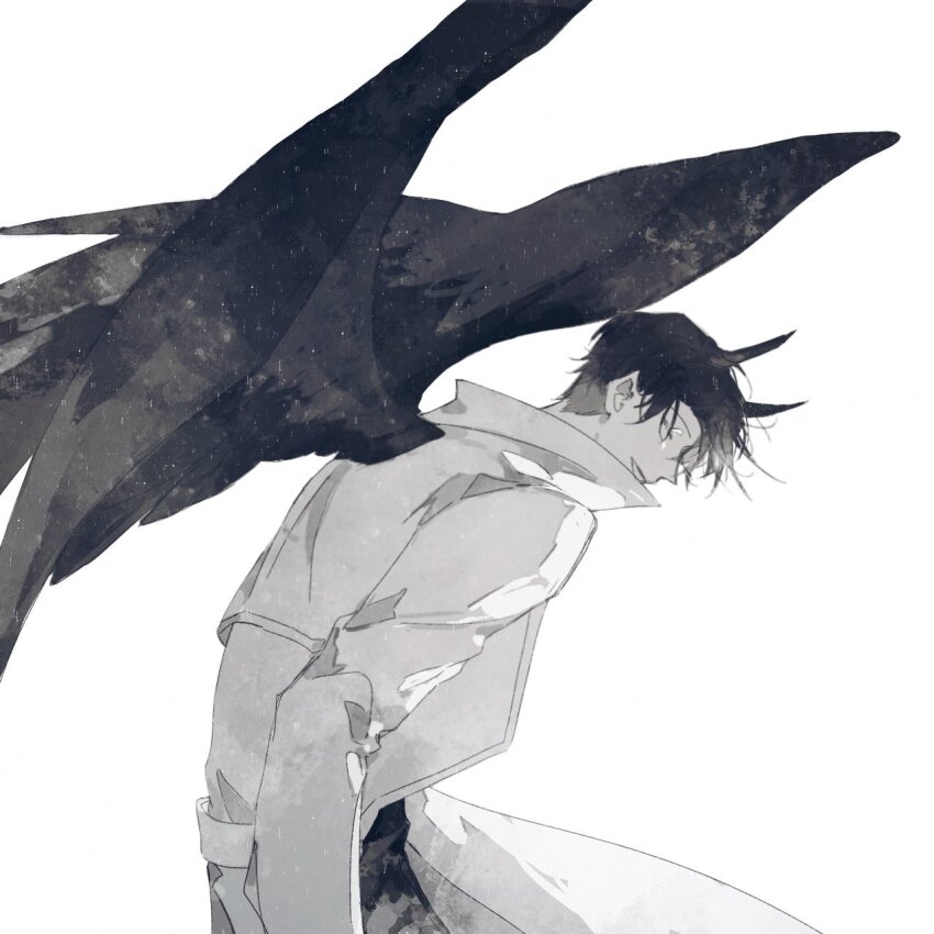 1boy, :d, black_eyes, black_hair, black_wings, breathing742105, coat, demon_horns
