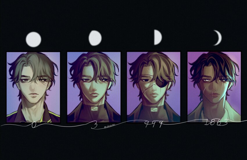 1boy, bags_under_eyes, black_border, black_eyes, black_hair, black_shirt, border, cursive