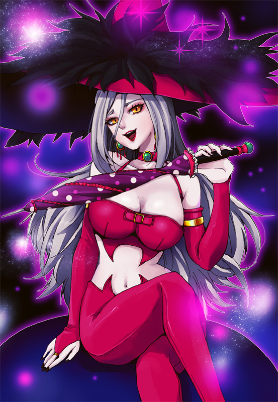 1girl, black_nails, breasts, bridal_gauntlets, choker, cleavage, colored_skin, commentary_request