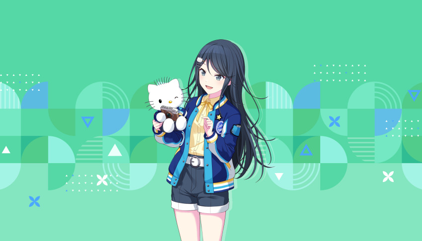 1girl, :d, alternate_costume, belt, black_hair, black_shorts, blue_jacket, camera