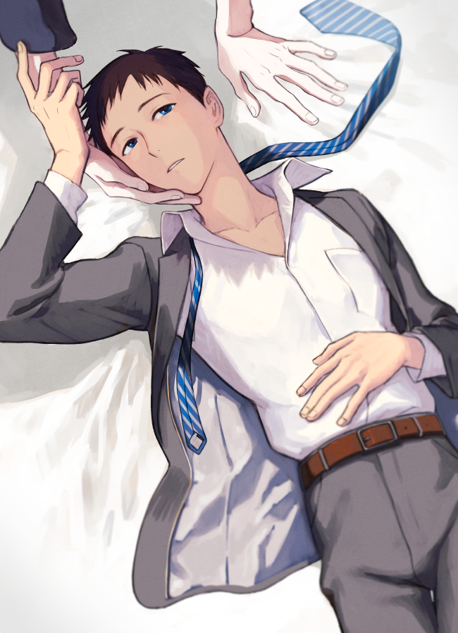 2boys, aged_up, belt, blue_eyes, brown_belt, brown_hair, collarbone, collared_shirt