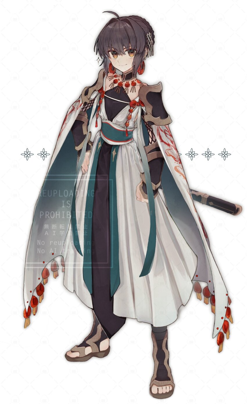 1other, ahoge, androgynous, arm_guards, black_hair, braid, braided_bun, dress, earrings, fate/samurai_remnant, fate_(series), feminization, fishnets, full_body, grid_background, hair_bun, hair_intakes, hand_on_own_hip, highres, jewelry, magatama, magatama_earrings, necklace, o8testa, official_alternate_costume, official_alternate_hairstyle, partially_toeless_legwear, shoulder_guard, sidelocks, simple_background, solo, sword, sword_on_back, weapon, weapon_on_back, white_dress, yamato_takeru_(fate), yamato_takeru_(phantasmal_dress)_(fate)