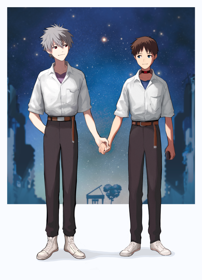 2boys, blue_eyes, blue_shirt, brown_hair, collared_shirt, dss_choker, evangelion:_3.0_you_can_(not)_redo, full_body, grey_hair, hand_in_pocket, holding_hands, ikari_shinji, kannunu, light_smile, looking_at_another, male_focus, multiple_boys, nagisa_kaworu, neon_genesis_evangelion, night, oversized_belt, pocket, purple_shirt, rebuild_of_evangelion, shirt, shirt_tucked_in, short_hair, sky, standing, star_(sky), white_shirt, yaoi