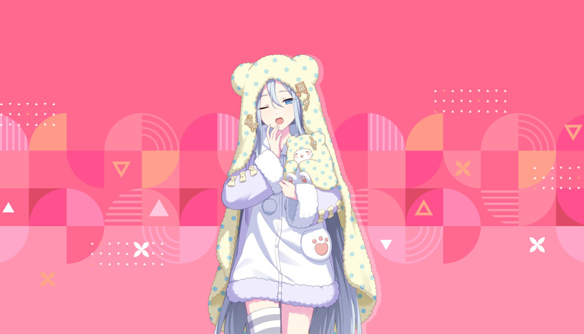 1girl, alternate_costume, blue_eyes, bow, colorful_palette, fur_trim, game_cg, grey_thighhighs