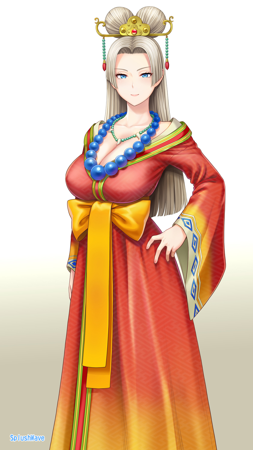 1girl, artist_name, bead_necklace, beads, blonde_hair, blue_eyes, blunt_ends, breasts, cleavage, commentary_request, dragon_quest, dragon_quest_xi, gradient_background, gradient_robe, hair_ornament, hand_on_own_hip, highres, japanese_clothes, jewelry, large_breasts, long_hair, looking_at_viewer, necklace, nima_daishi, parted_hair, solo, splush_wave, st.germain-sal, updo, white_background