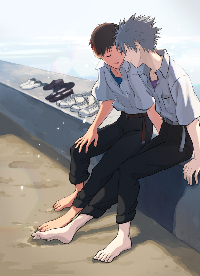 2boys, barefoot, belt, black_pants, blue_shirt, brown_belt, closed_eyes, closed_mouth