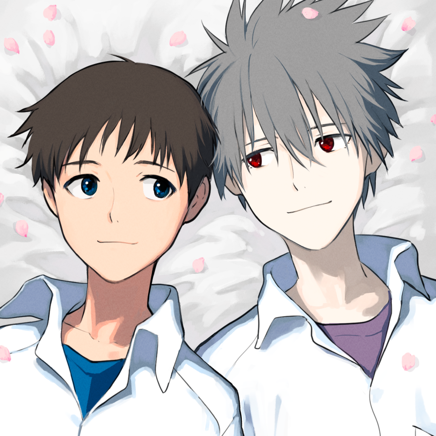 2boys, blue_eyes, blue_shirt, brown_hair, closed_mouth, collared_shirt, commentary_request, grey_hair