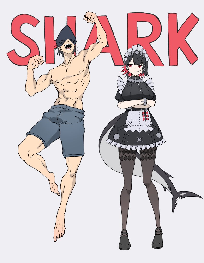 1boy, 1girl, abs, absurdres, black_dress, black_hair, black_pantyhose, blue_shorts, chainsaw_man, dress, ellen_joe, fins, fish_tail, frilled_dress, frills, full_body, highres, in_(in_0907), jumping, looking_at_another, maid, maid_headdress, multicolored_hair, muscular, pantyhose, red_eyes, shark_devil_(chainsaw_man), shark_girl, shark_tail, short_hair, shorts, tail, two-tone_hair, zenless_zone_zero