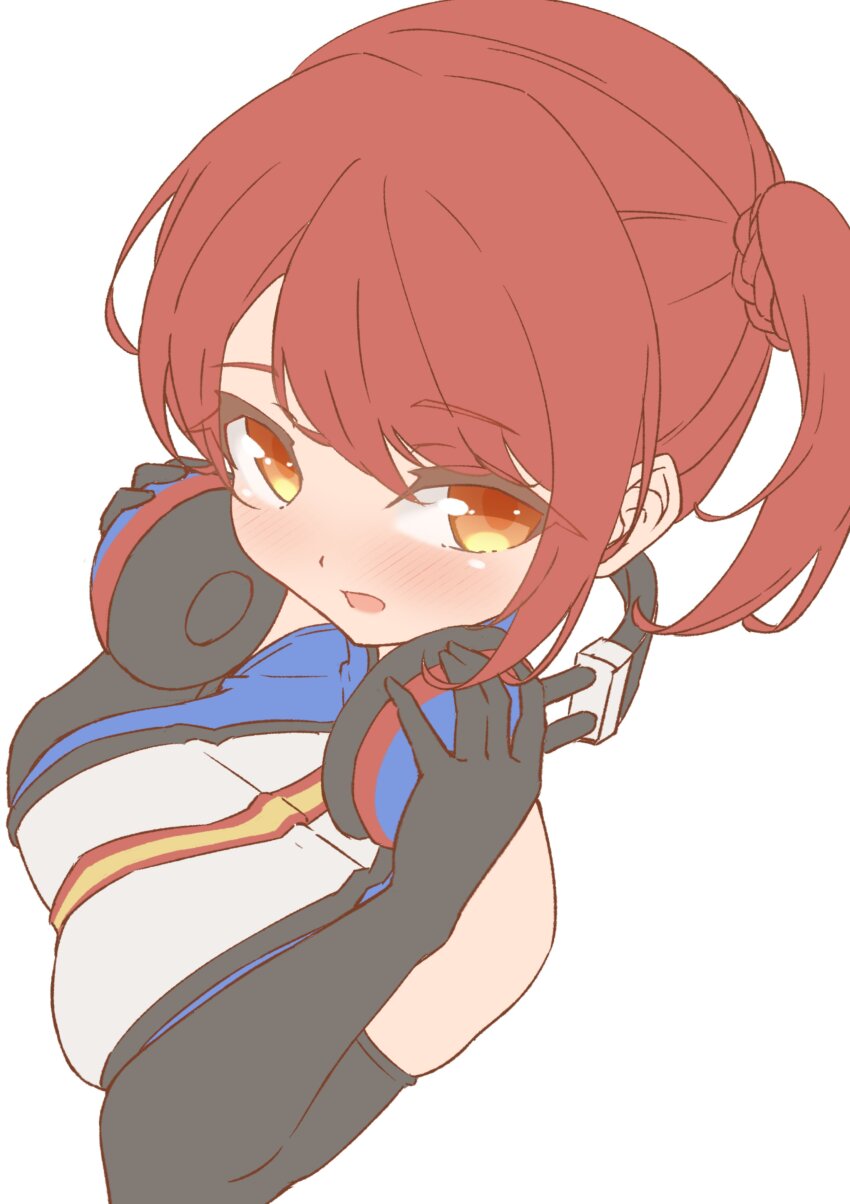 1girl, absurdres, black_gloves, blue_dress, breasts, commentary_request, dress, elbow_gloves, emil_chronicle_online, from_above, gloves, headphones, highres, holding, holding_headphones, killer_machine_alma, medium_breasts, open_mouth, red_eyes, red_hair, side_ponytail, silver-index, sleeveless, sleeveless_dress, solo, two-tone_dress, upper_body, white_background, white_dress