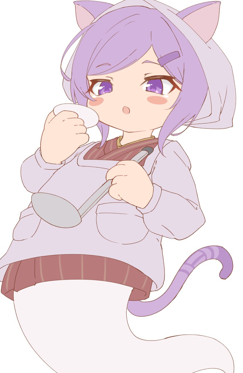 1girl, absurdres, animal_ears, apron, blush_stickers, cat_ears, cat_girl, cat_tail, emil_chronicle_online, ghost_girl, ghost_tail, hair_ornament, hairclip, highres, holding, holding_ladle, holding_plate, jacket, japanese_clothes, kappougi, ladle, nekomata, nekomata_sumire, open_mouth, plate, purple_eyes, purple_hair, red_jacket, silver-index, solo, tail, white_apron, white_background, white_hood