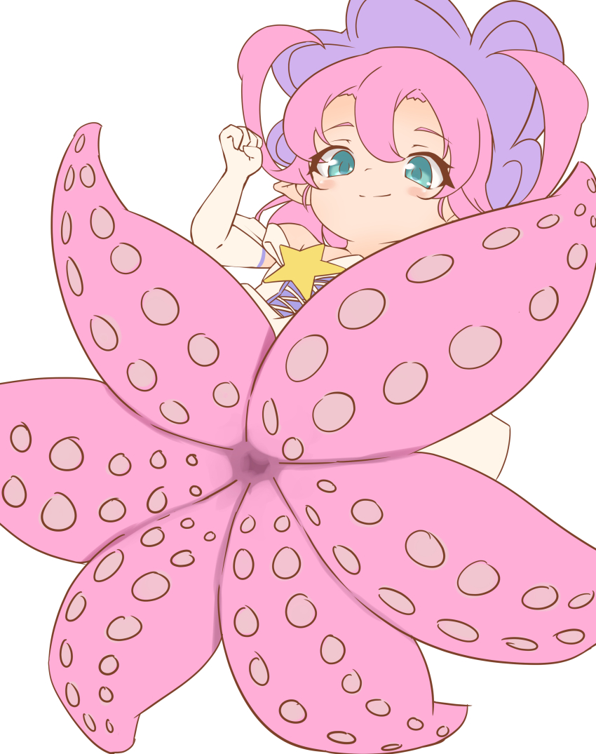 1girl, absurdres, dress, elbow_gloves, emil_chronicle_online, from_below, gloves, green_eyes, hat, highres, long_sidelocks, monster_girl, pink_hair, purple_hat, scylla, shugoma_fumitsuki, sidelocks, silver-index, smile, solo, star_(symbol), white_background, white_dress, white_gloves