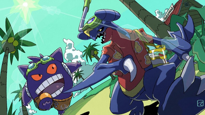 2boys, beach, berry_(pokemon), blue_sky, cloud, garchomp, garchomp_(beach), gen_1_pokemon, gen_4_pokemon, gengar, gengar_(beach), goggles, highres, light_rays, looking_at_another, male_swimwear, mazinger_yy, multiple_boys, nintendo, no_humans, official_alternate_costume, palm_tree, pokemon, pokemon_unite, red_eyes, red_shirt, running, sand, shack, shirt, sitrus_berry, sky, snorkel, sun, swim_trunks, teeth, tree, yellow_eyes