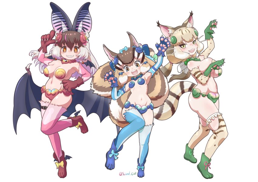 3girls, absurdres, animal_ears, armor, bat_ears, bat_girl, bat_wings, bikini_armor