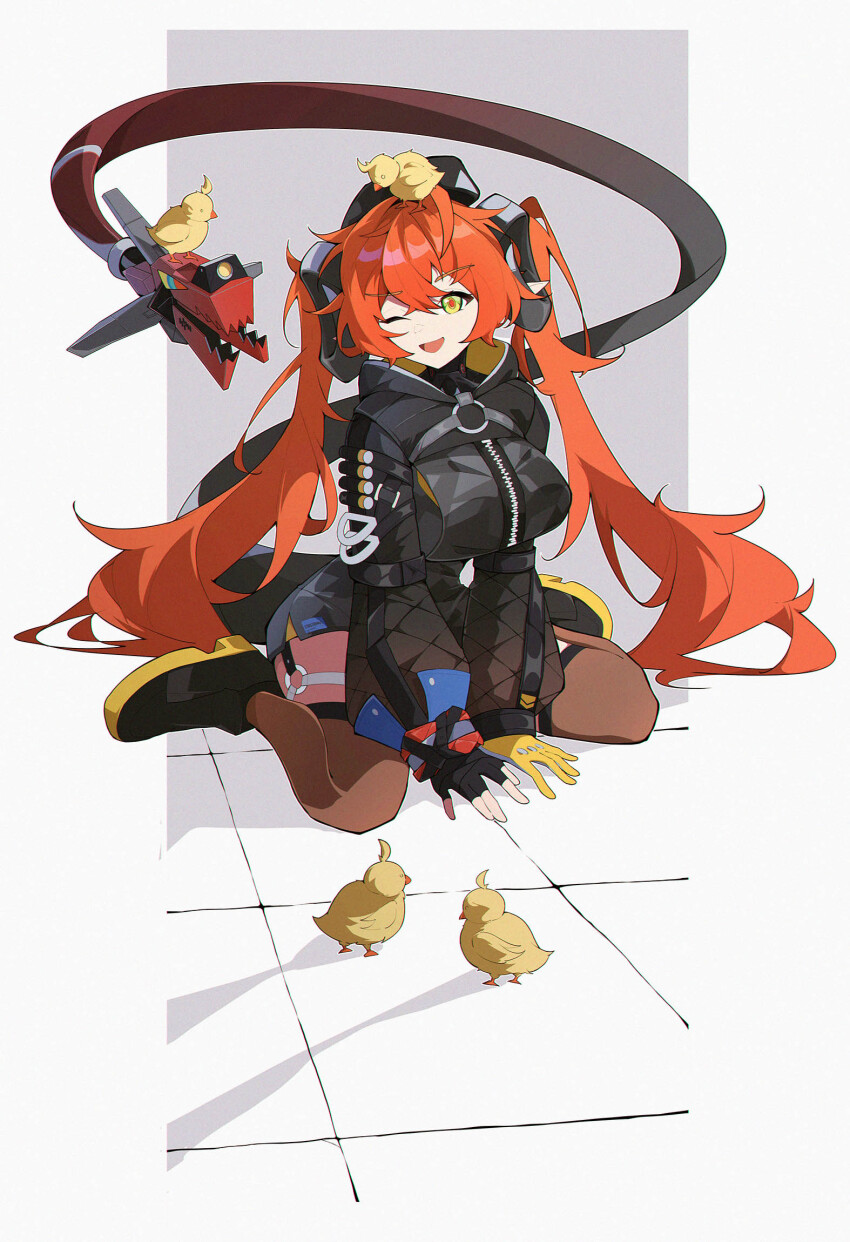 1girl, 1other, ammunition, animal, animal_on_head, asymmetrical_gloves, baby_animal, bird