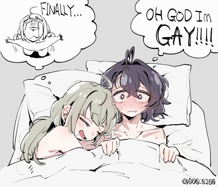 2girls, aftersex, ahoge, an_sin, araga_kiwi, bed, bed_sheet, blush, breasts, fang, highres, hiiragi_utena, long_hair, lying, mahou_shoujo_ni_akogarete, meme, multiple_girls, naked_sheet, on_back, on_bed, open_mouth, pillow, sheet_grab, short_hair, smile, sweat, twitter_username, yuri