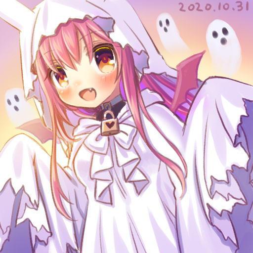 1girl, alternate_costume, emil_chronicle_online, fang, ghost, ghost_costume, halloween, halloween_costume