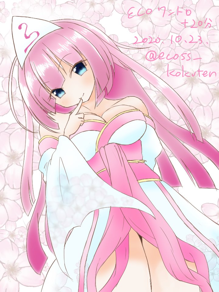 blue_eyes, breasts, cleavage, dated, ecoss_kokuten, emil_chronicle_online, finger_to_mouth, hair_ornament, japanese_clothes, kimono, large_breasts, long_hair, pink_hair, pink_sash, sash, thighs, towa_(emil_chronicle_online), twitter_username, undressing, white_kimono