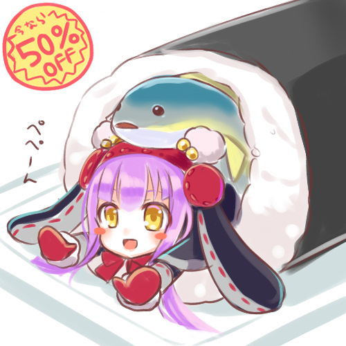 1girl, animal_hood, blue_capelet, blush_stickers, capelet, emil_chronicle_online, fish_on_head, food