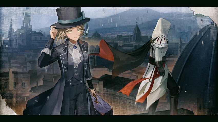 1boy, 1girl, absurdres, anna_(drw01), ascot, assassin's_creed_(series), assassin's_creed_ii, black_cape