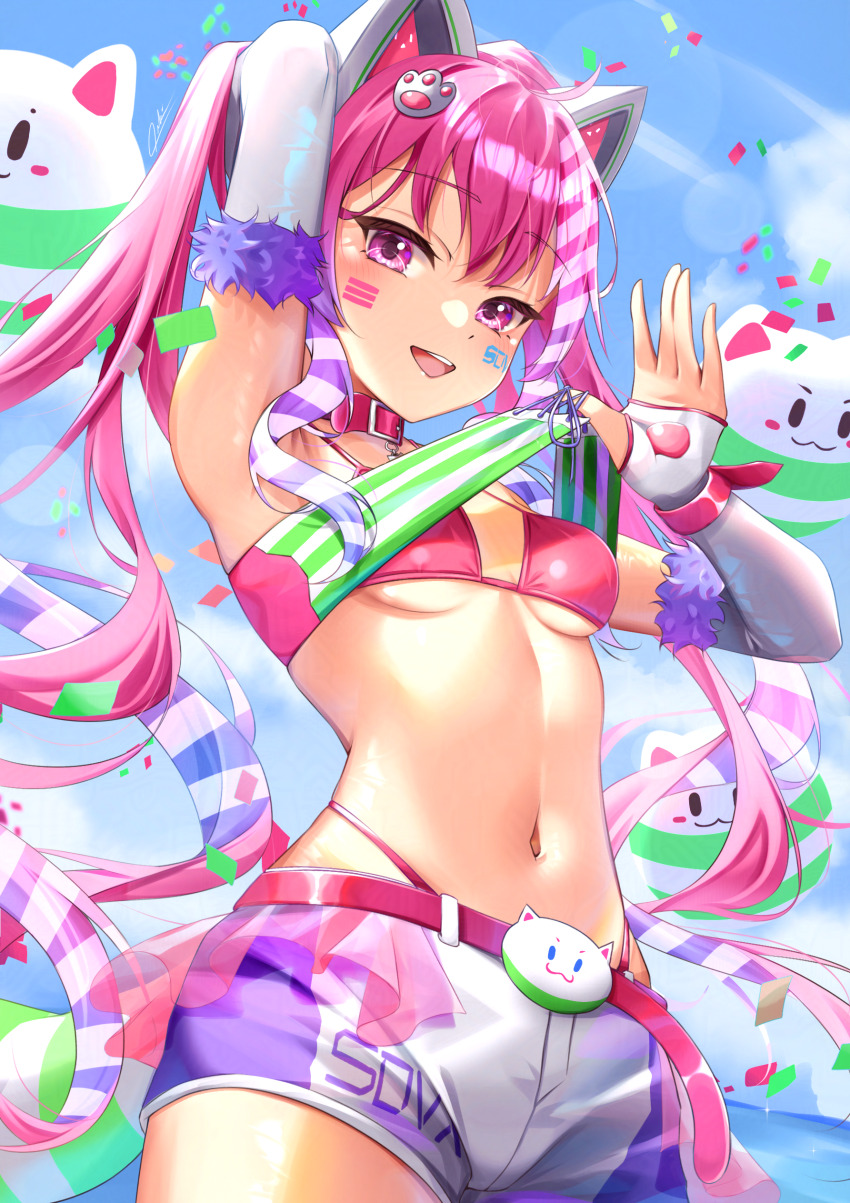 1girl, :d, absurdres, arm_up, armpits, bandeau, bandeau_lift, bemani