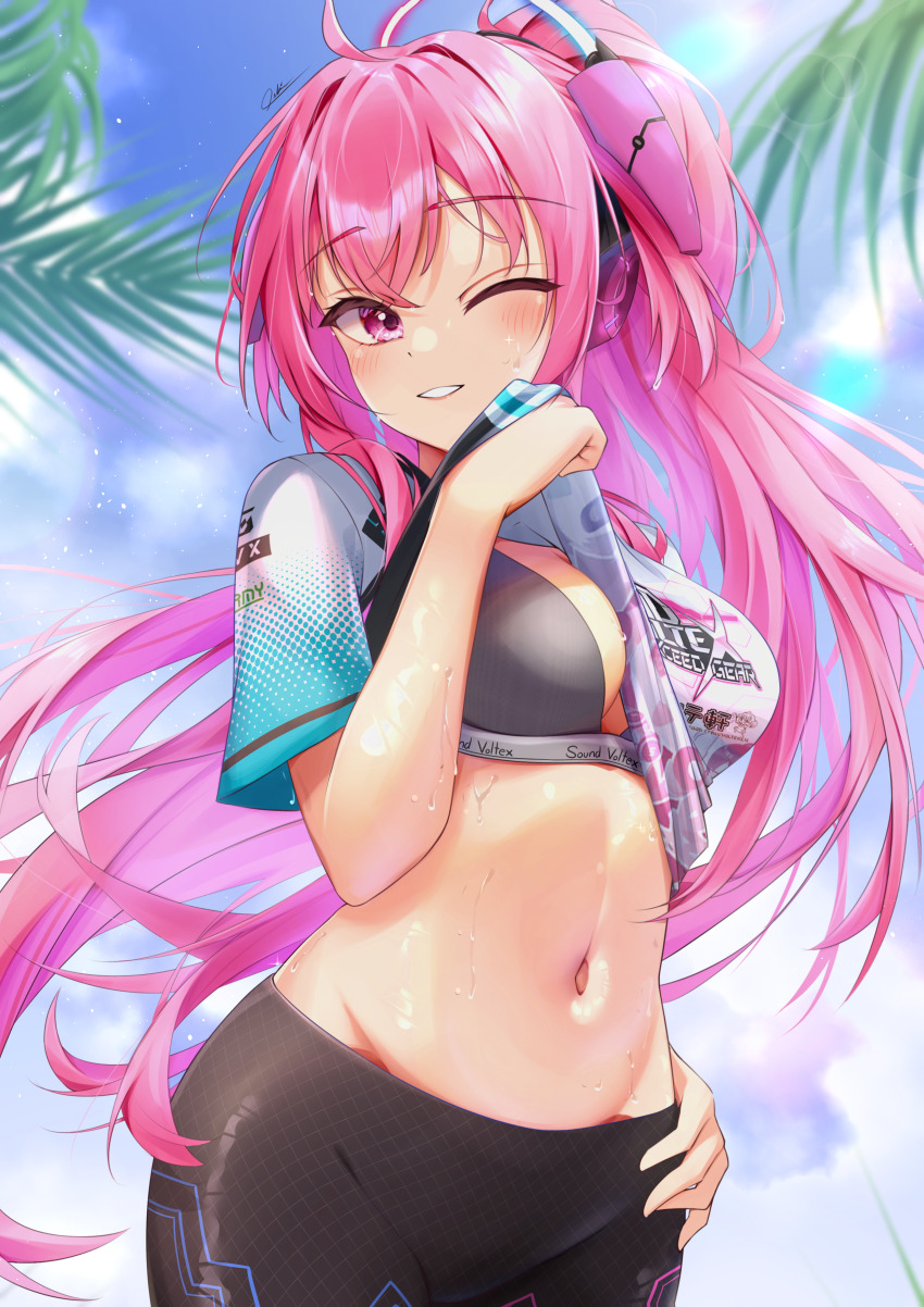 1girl, absurdres, bemani, blush, bra, breasts, clothes_lift, copyright_name, day, floating_hair, grey_bra, grin, groin, hand_on_own_hip, headphones, highres, lifting_own_clothes, long_hair, looking_at_viewer, medium_breasts, midriff, navel, one_eye_closed, oukei, outdoors, pink_hair, ponytail, rasis, red_eyes, shirt_lift, short_sleeves, skin_tight, smile, solo, sound_voltex, stomach, summer, underwear, very_long_hair, wiping_sweat, wiping_with_clothes