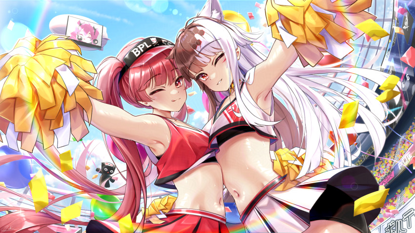 2girls, ;q, animal_ears, armpits, belly-to-belly, bemani, black_shorts, blunt_bangs