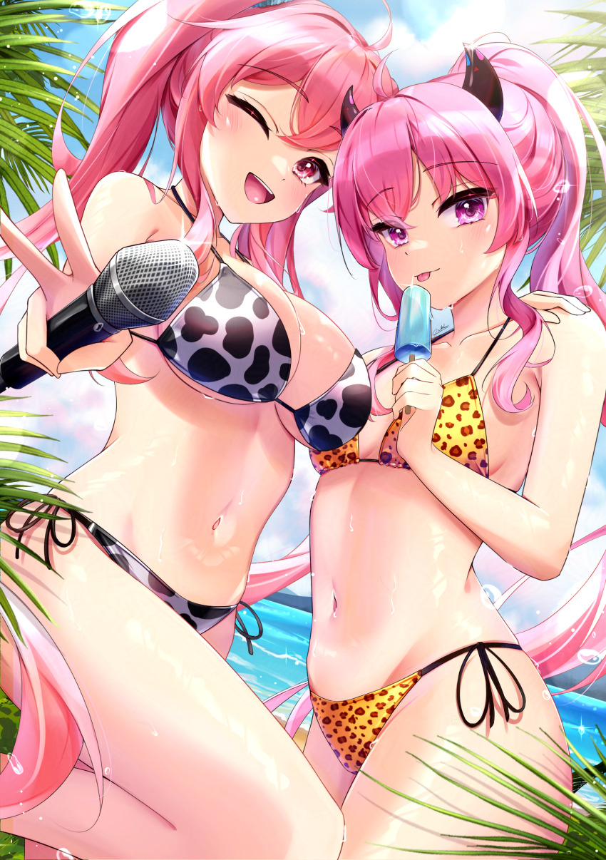 2girls, ;d, absurdres, ahoge, animal_print, bare_arms, bare_legs, bemani