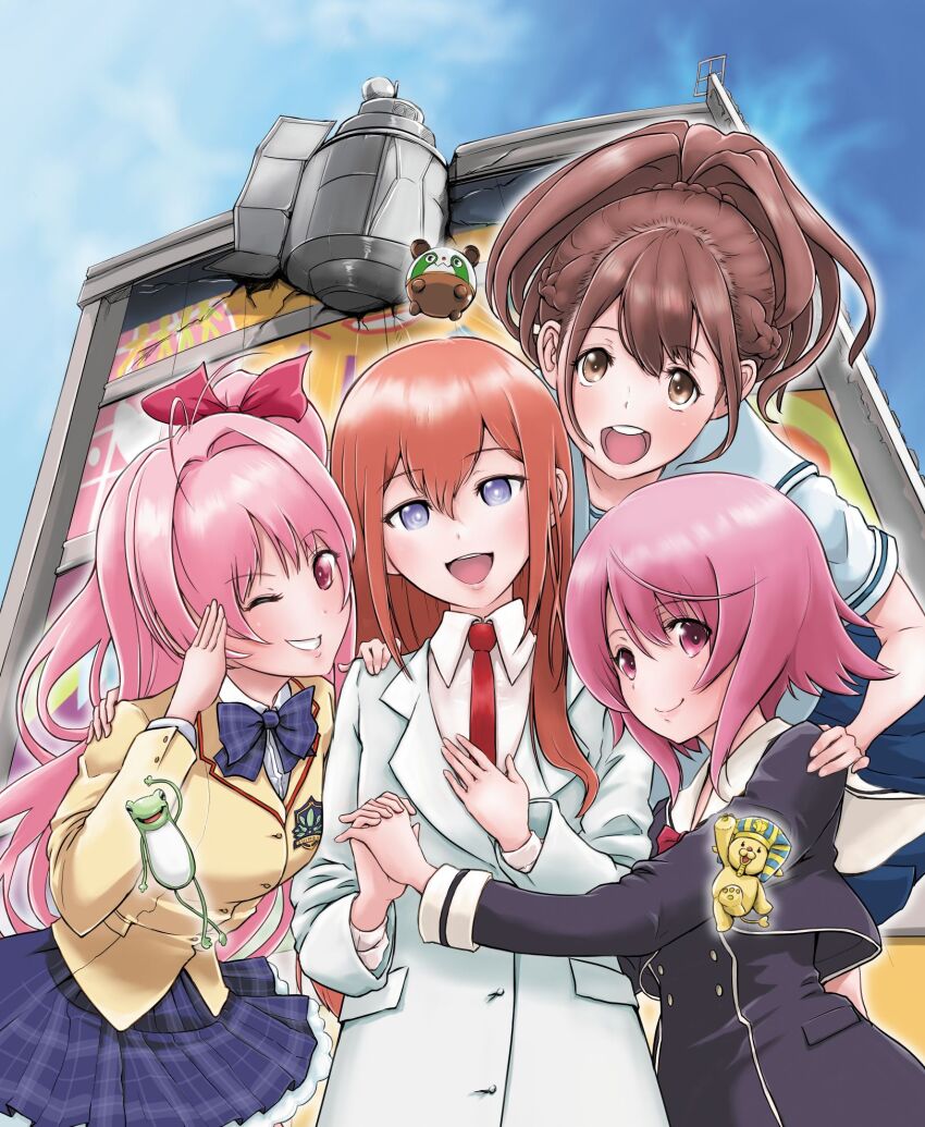 4girls, arm_belt, belt, black_pantyhose, black_shorts, blazer, blue_bow, blue_skirt