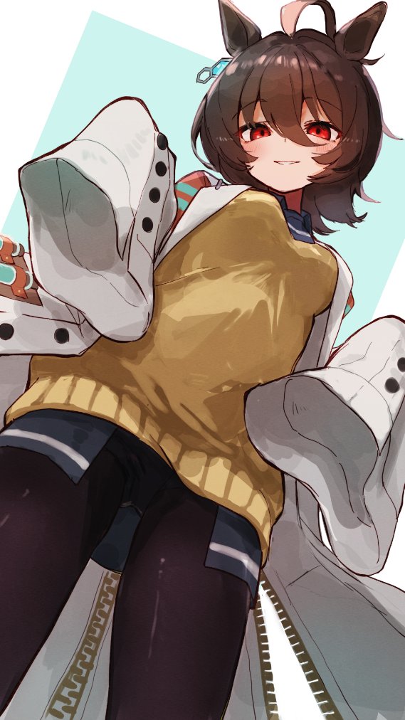 1girl, agnes_tachyon_(tach-nology)_(umamusume), agnes_tachyon_(umamusume), ahoge, animal_ears, black_pantyhose, blush, breasts