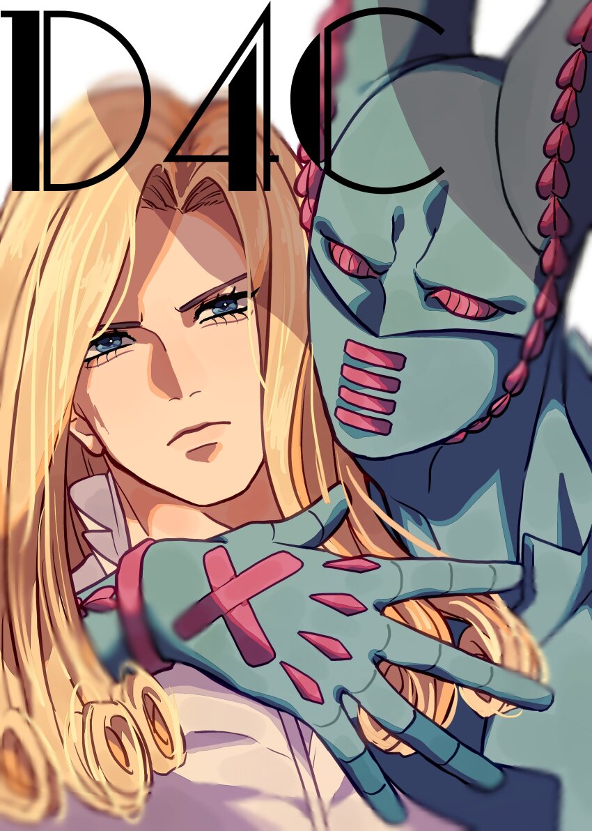 1boy, 1other, absurdres, animal_ears, arm_around_neck, blonde_hair, blue_eyes, blue_skin